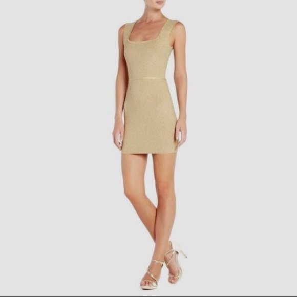 BCBGMaxAzria Dresses & Skirts - bcbg maxazria Gold Square Neck Sparkly Bodycon Mini Dress XS